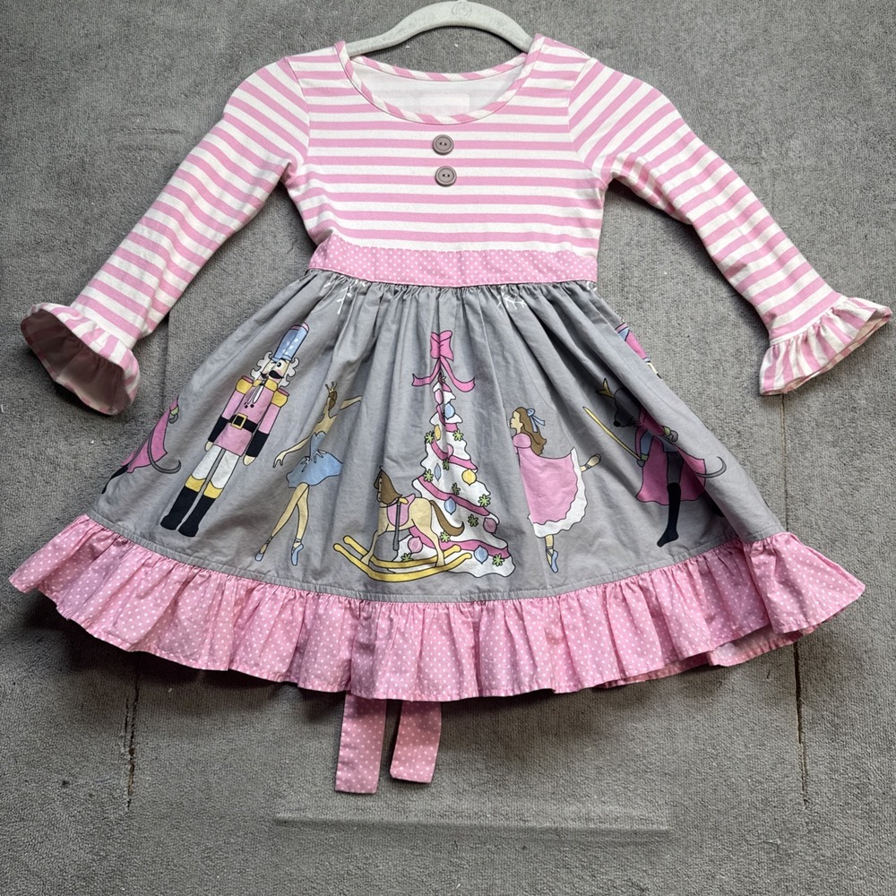 Eleanor Rose Girls Nutcracker Dress Pink Gray Striped Ruffle‎ Holiday Outfit 5